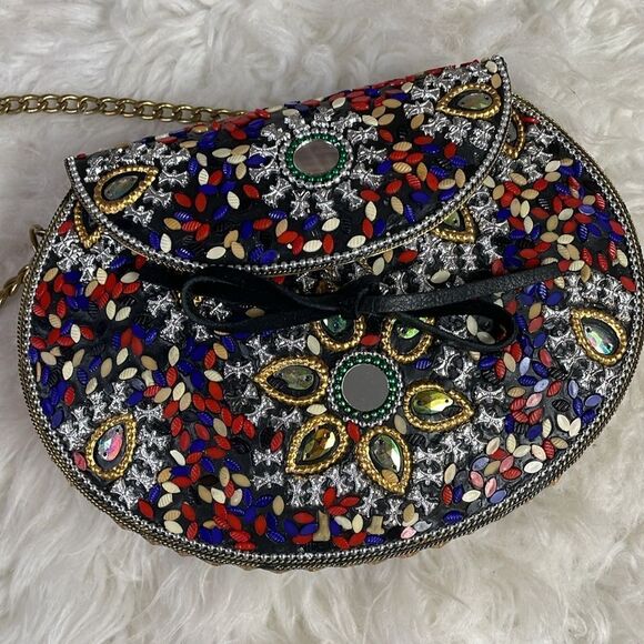 LULU Brin Iron Bead and Sequin Embellished Crossbody Handbag Boho Floral - Picture 1 of 15